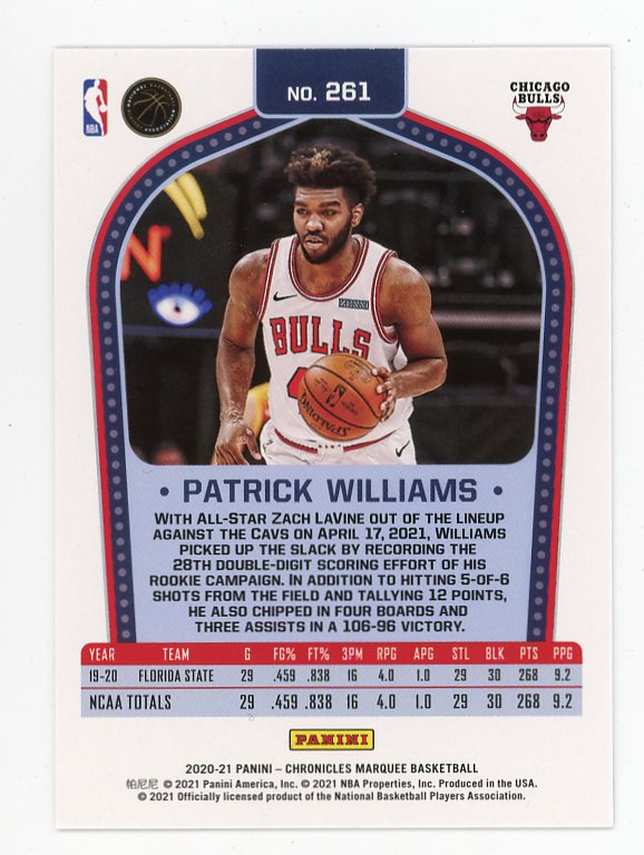 2020-2021 Patrick Williams Marquee Rookie Panini Chicago Bulls # 261