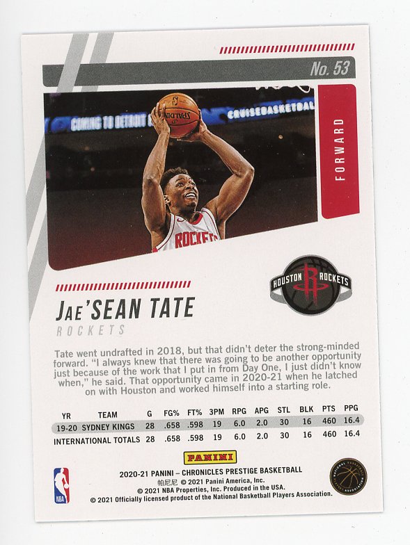 2020-2021 Jae'sean Tate Rookie Prestige Houston Rockets # 53