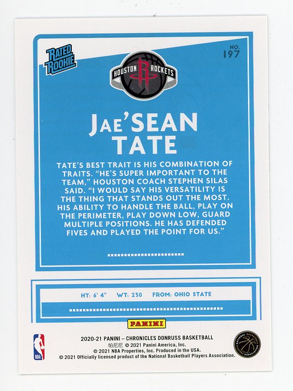 2020-2021 Jae'sean Tate Rated Rookie Donruss Houston Rockets # 197