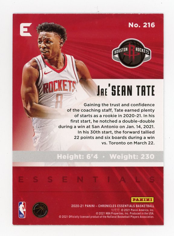 2020-2021 Jae'sean Tate Rookie Chronicles Essentials Houston Rockets # 216