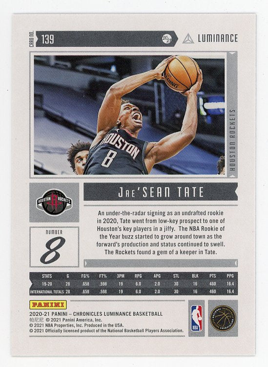 2020-2021 Jae'sean Tate Rookie Luminance Houston Rockets # 139