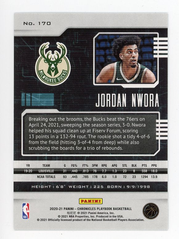 2020-2021 Jordan Nwora Rookie Playbook Milwaukee Bucks # 170