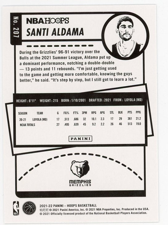 2021-2022 Santi Aldama Rookie NBA Hoops Memphis Grizzlies # 207