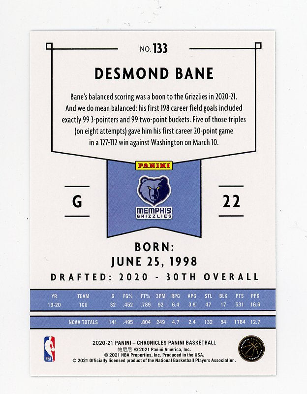 2020-2021 Desmond Bane Rookie Chronicles Memphis Grizzlies # 133