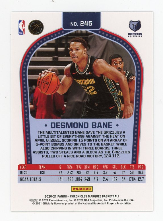 2020-2021 Desmond Bane Marquee Rookie Panini Memphis Grizzlies # 245