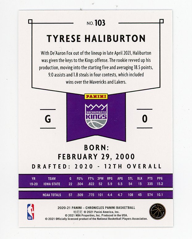 2020-2021 Tyrese Haliburton Rookie Chronicles Sacramento Kings # 103