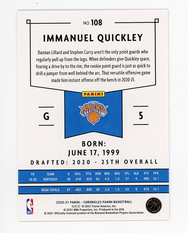 2020-2021 Immanuel Quickley Rookie Chronicles New York Knicks # 108