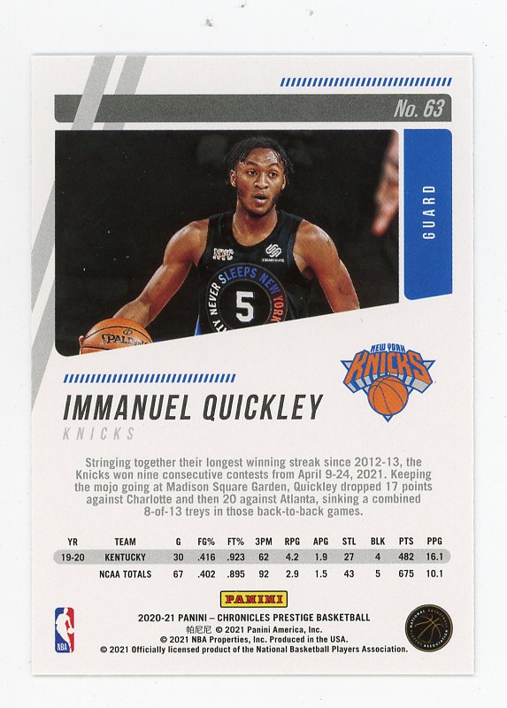 2020-2021 Immanuel Quickley Rookie Prestige New York Knicks # 63