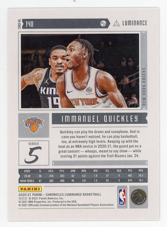 2020-2021 Immanuel Quickley Rookie Luminance New York Knicks # 140