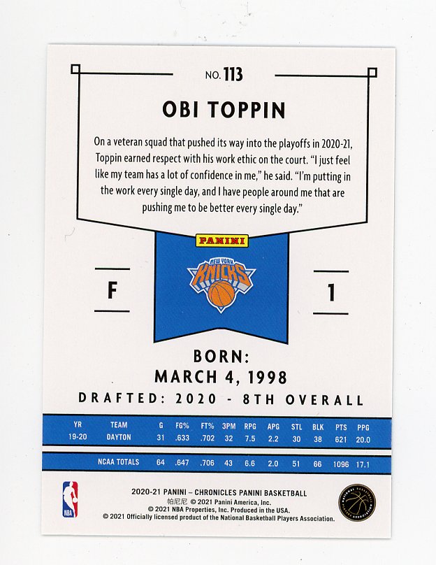 2020-2021 Obi Toppin Rookie Chronicles New York Knicks # 113