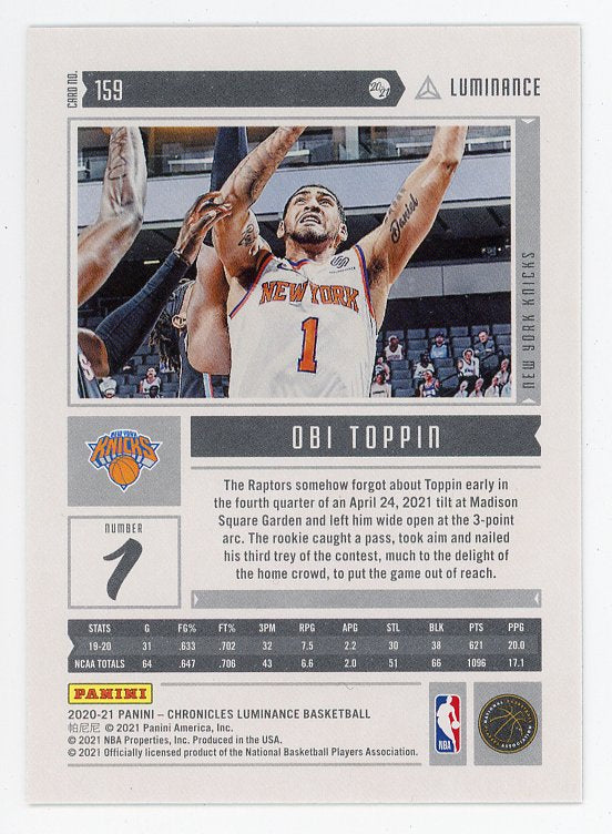 2020-2021 Obi Toppin Rookie Luminance New York Knicks # 159
