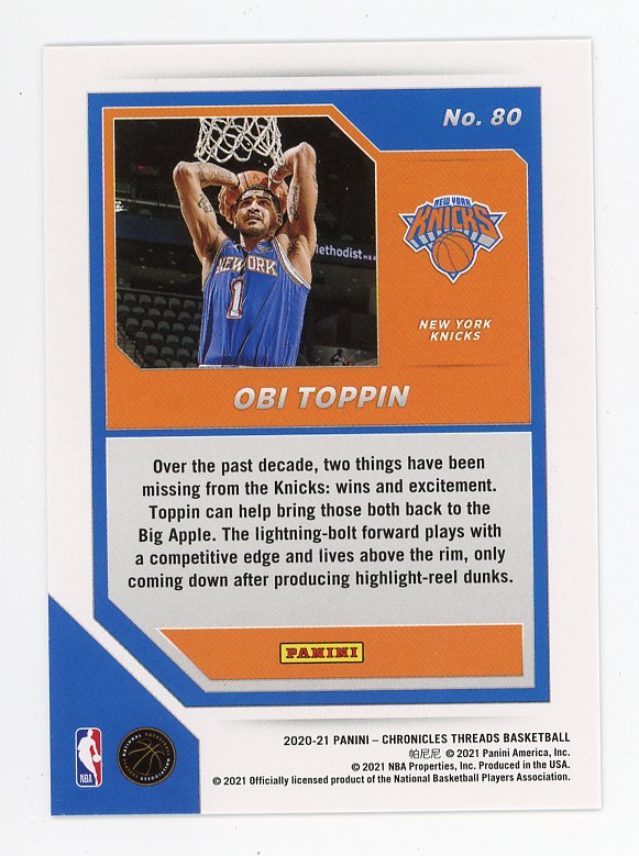 2020-2021 Obi Toppin Pink Rookie Panini Threads New York Knicks # 80