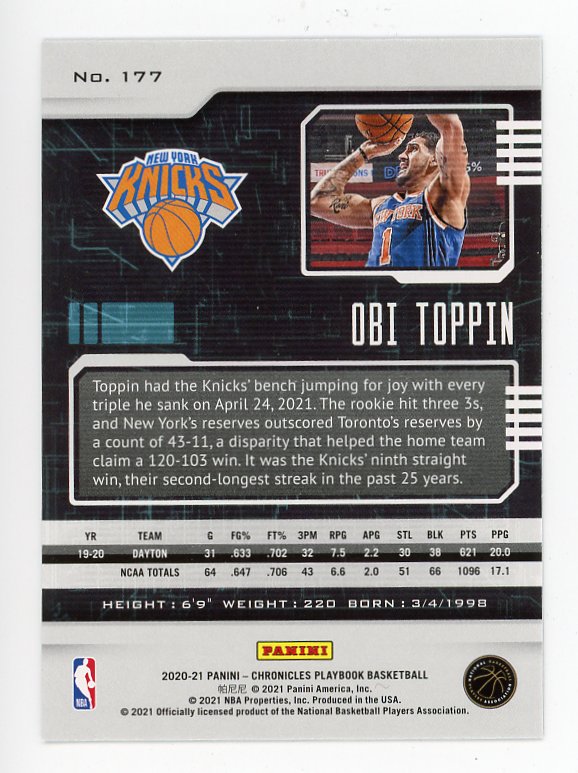 2020-2021 Obi Toppin Rookie Playbook New York Knicks # 177
