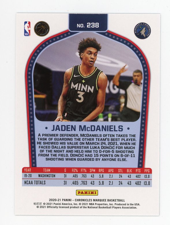 2020-2021 Jaden Mcdaniels Marquee Rookie Panini Minnesota Timberwolves # 238
