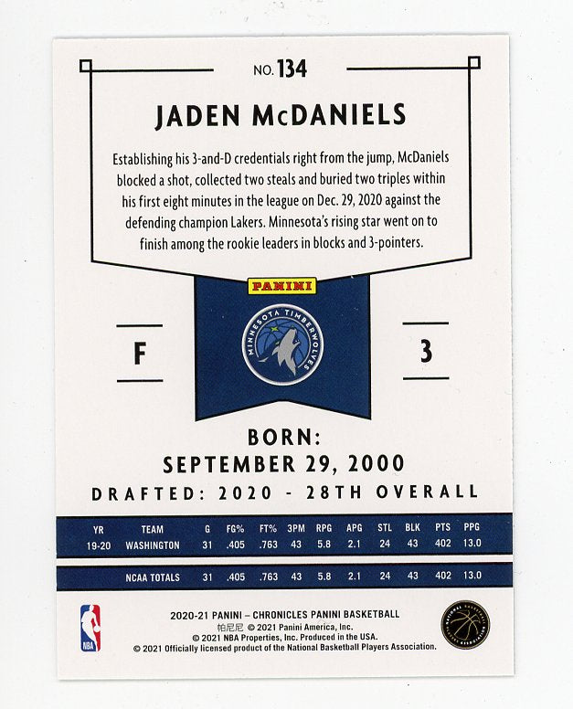 2020-2021 Jaden Mcdaniels Rookie Chronicles Minnesota Timberwolves # 134
