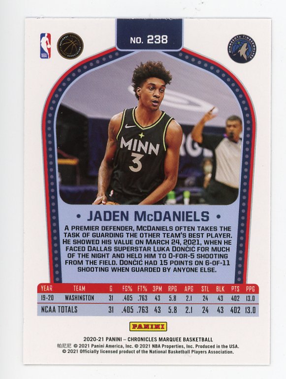 2020-2021 Jaden Mcdaniels Pink Marquee Rookie Panini Minnesota Timberwolves # 238