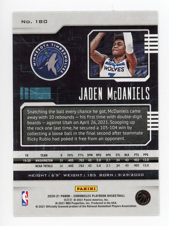 2020-2021 Jaden Mcdaniels Rookie Playbook Minnesota Timberwolves # 180