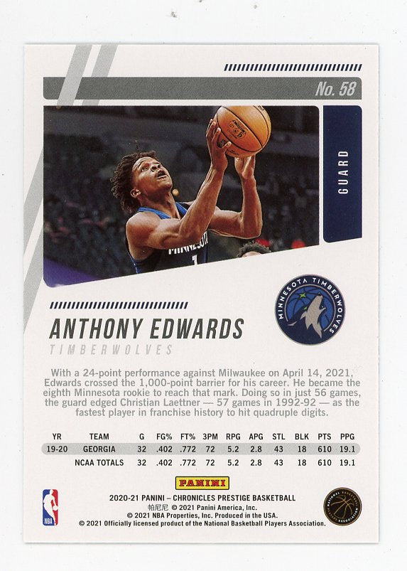 2020-2021 Anthony Edwards Rookie Prestige Minnesota Timberwolves # 58