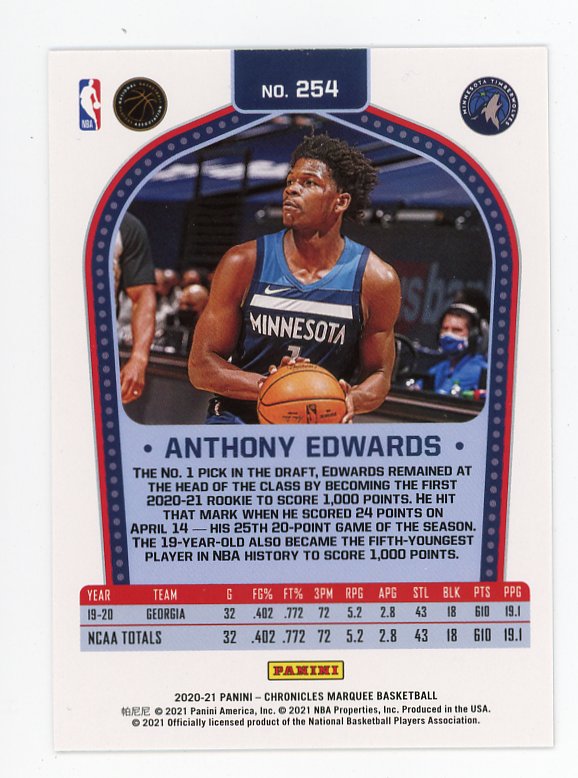 2020-2021 Anthony Edwards Marquee Rookie Panini Minnesota Timberwolves # 254