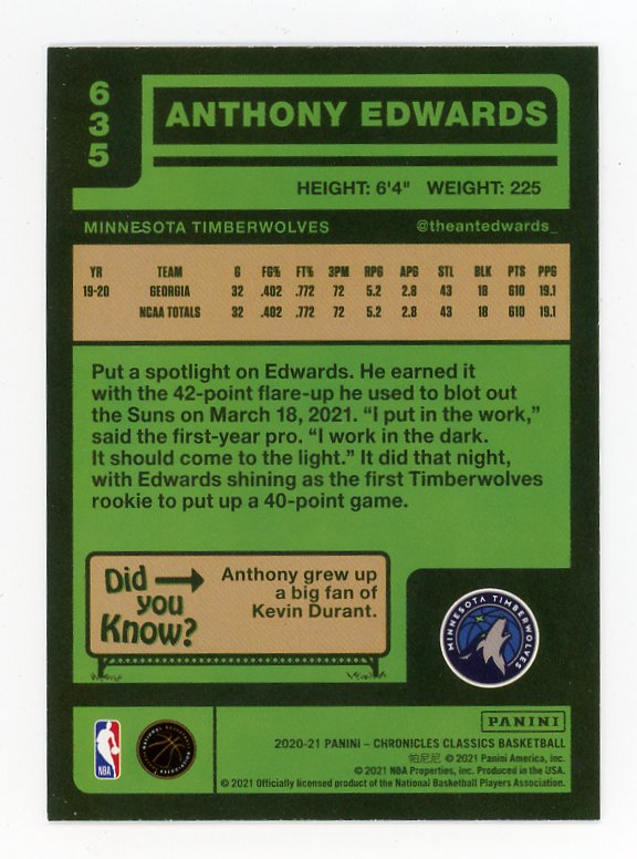 2020-2021 Anthony Edwards Rookie Classics Minnesota Timberwolves # 635