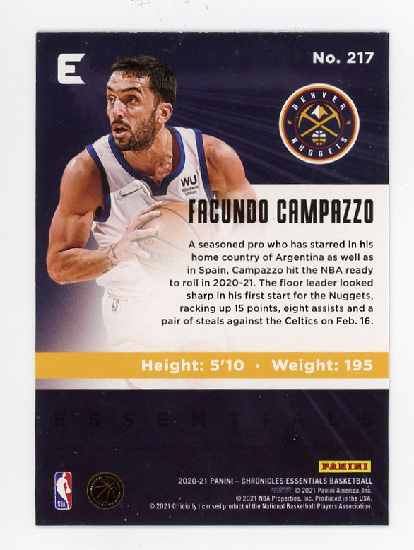 2020-2021 Facundo Campazzo Rookie Chronicle Essentials Denver Nuggets # 217