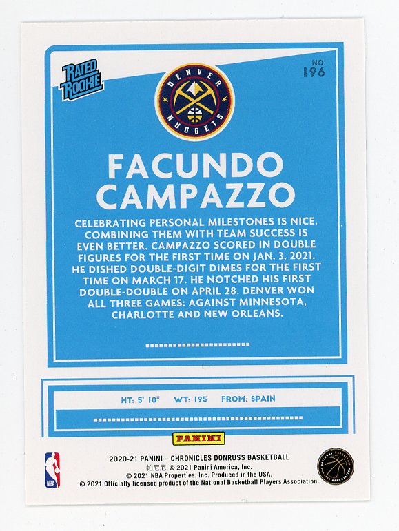 2020-2021 Facundo Campazzo Rated Rookie Donruss Denver Nuggets # 196