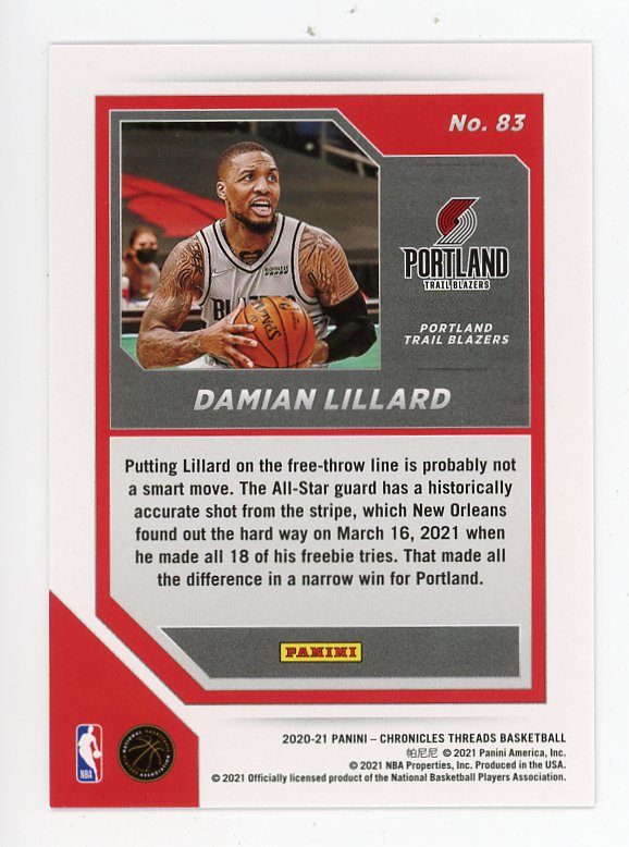 2020-2021 Damian Lillard Pink Panini Threads Portland Trail Blazers # 83