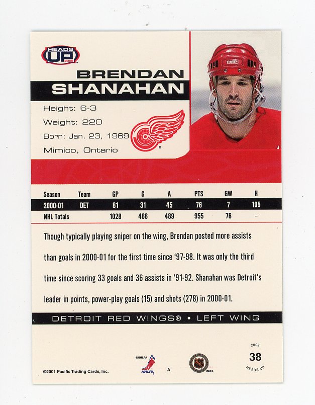 2001 Brendan Shanahan Heads Up Pacific Detroit Red Wings # 38