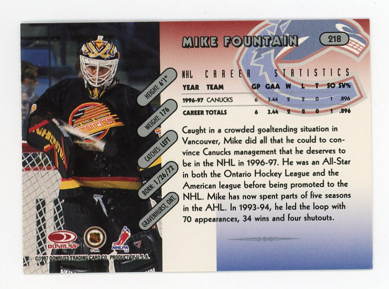 1997 Mike Fountain Rookie Donruss Vancouver Canucks # 218