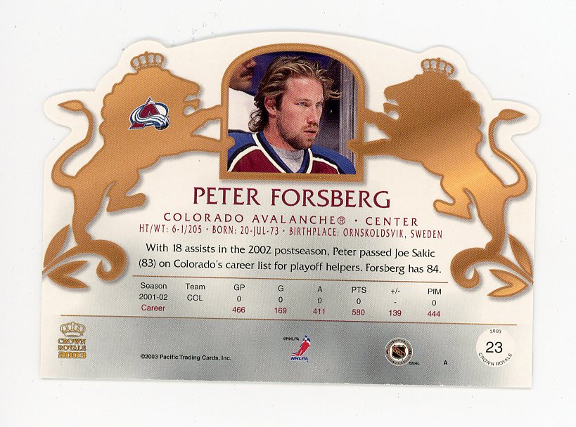 2003 Peter Forsberg Die Cut Crown Royale Colorado Avalanche # 23