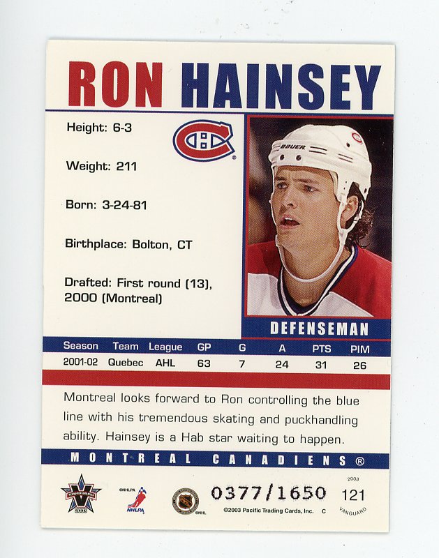 2003 Ron Hainsey Rookie #D /1650 Pacific Montreal Canadiens # 121