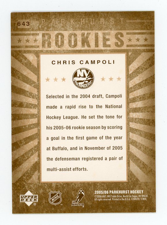 2005-2006 Chris Campoli Rookie Parkhurst New York Islanders # 643