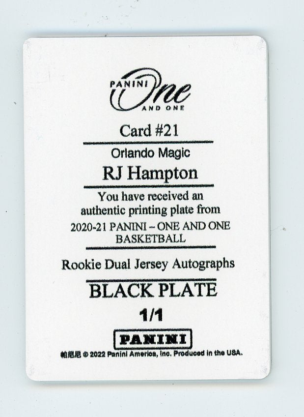2020-2021 RJ Hampton Rookie Dual Jersey Auto 1 Of 1 Panini Orlando Magic # 21