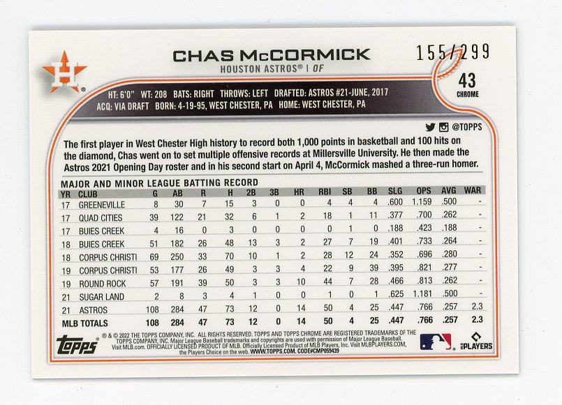 2022 Chas Mccormick Rookie Sonic Purple #D /299 Topps Houston Astros # 43