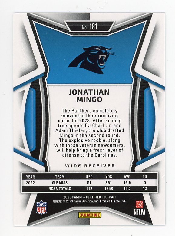 2023 Jonathan Mingo Rookie #D /399 Certified Carolina Panthers # 181