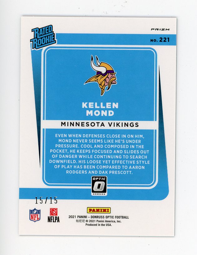 2021 Kellen Mond Rated Rookie Galactic Purple #D /15 Donruss Optic Minnesota Vikings # 221