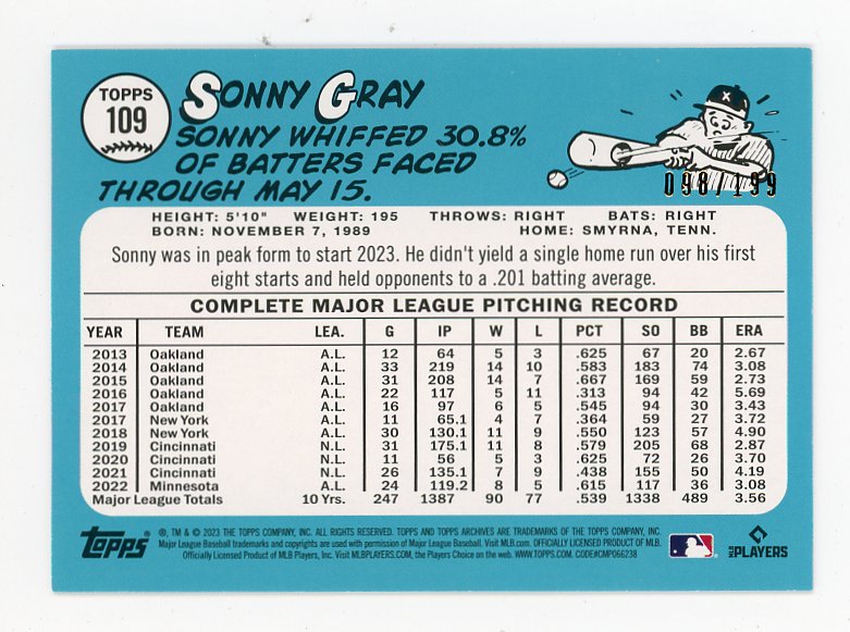 2023 Sonny Gray Refractor #D /199 Topps Minnesota Twins # 109