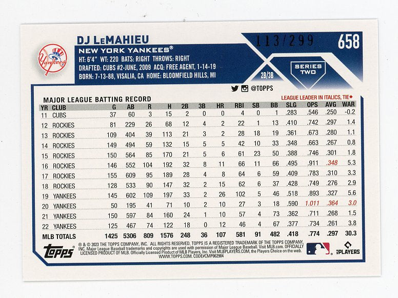 2023 DJ Lemahieu Orange #D /299 Topps New York Yankees # 658