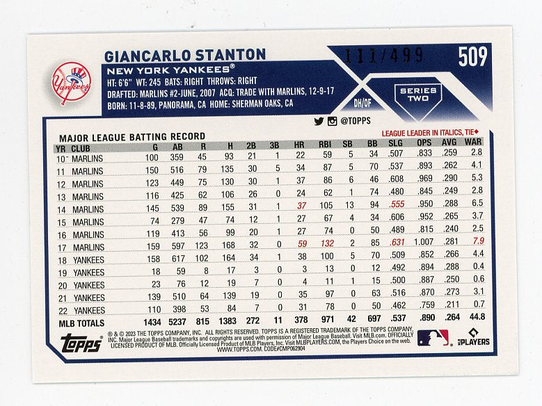 2023 Giancarlo Stanton Green Ice #D /499 Topps New York Yankees # 509
