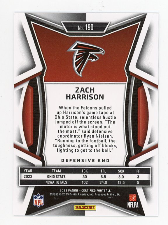 2023 Zach Harrison Rookie #D /275 Certified Atlanta Falcons # 190