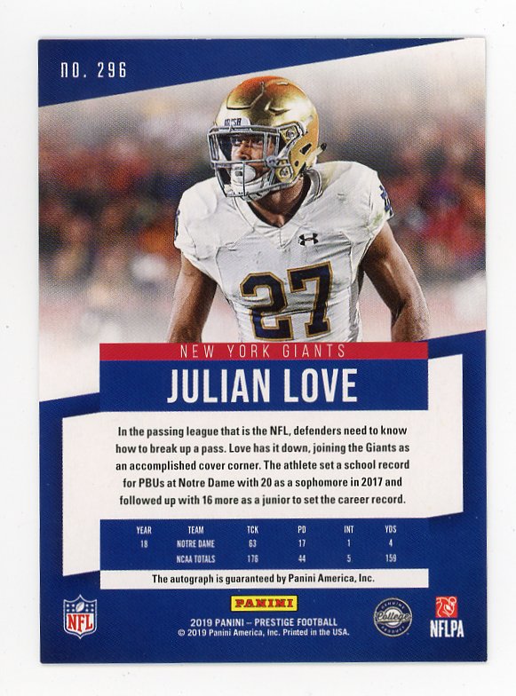 2019 Julian Love Rookie Auto Prestige New York Giants # 296