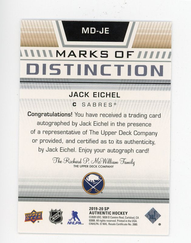 2019-2020 Jack Eichel Marks Of Distinction #D /25 SP Authentic Buffalo Sabres # MD-JE