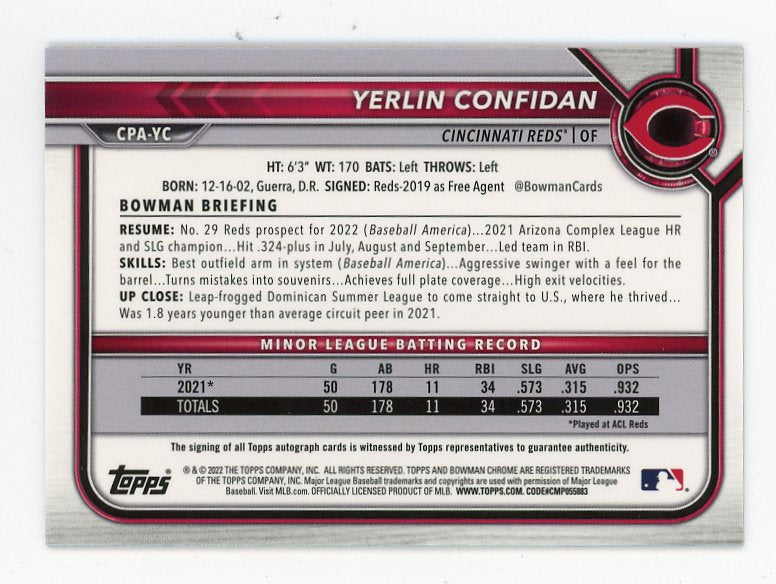 2022 Yerlin Confidan #D /299 auto Bowman Chrome Cincinnati Reds # CPA-YC
