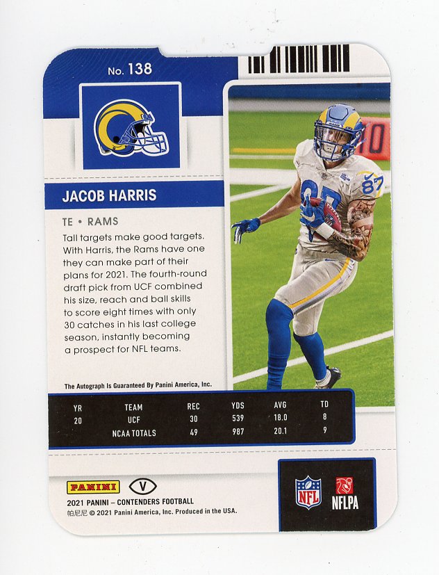2021 Jacob Harris Rookie Auto #D /87 Panini Contenders Los Angeles Rams # 138