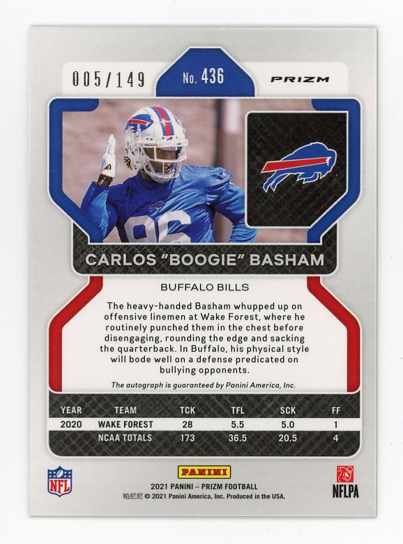 2021 Carlos "Boogie" Masham Rookie Auto #D 005/149 Panini Buffalo Bills # 436