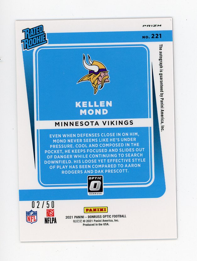 2021 Kellen Mond Rated Rookie Pink #D /50 Donruss Optic Minnesota Vikings # 221