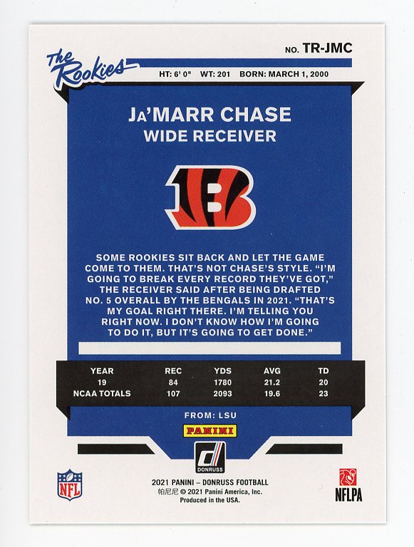 2021 Ja'marr Chase The Rookies Donruss Cincinnati Bengals # TR-JMC