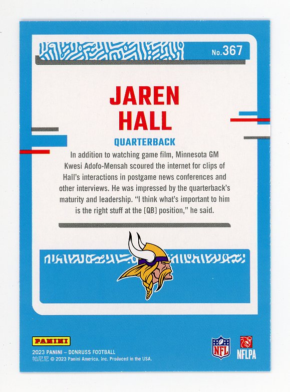 2023 Jaren Hall Rated Rookie Blue Donruss Minnesota Vikings # 367