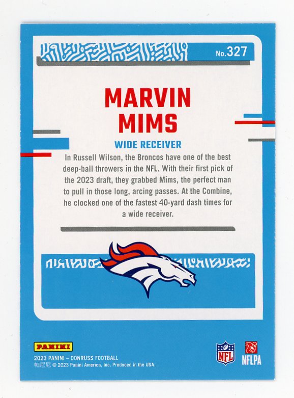 2023 Marvin Mims Rated Rookie Blue Donruss Denver Broncos # 327