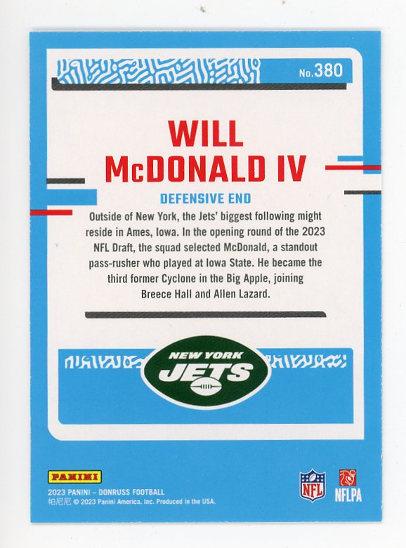 2023 Will Mcdonald IV Rated Rookie Donruss New York Jets # 380